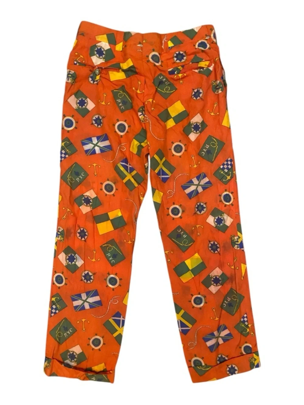 The Last Resort Vintage Womens Orange Nautical Flag Pants Travel Vacation
